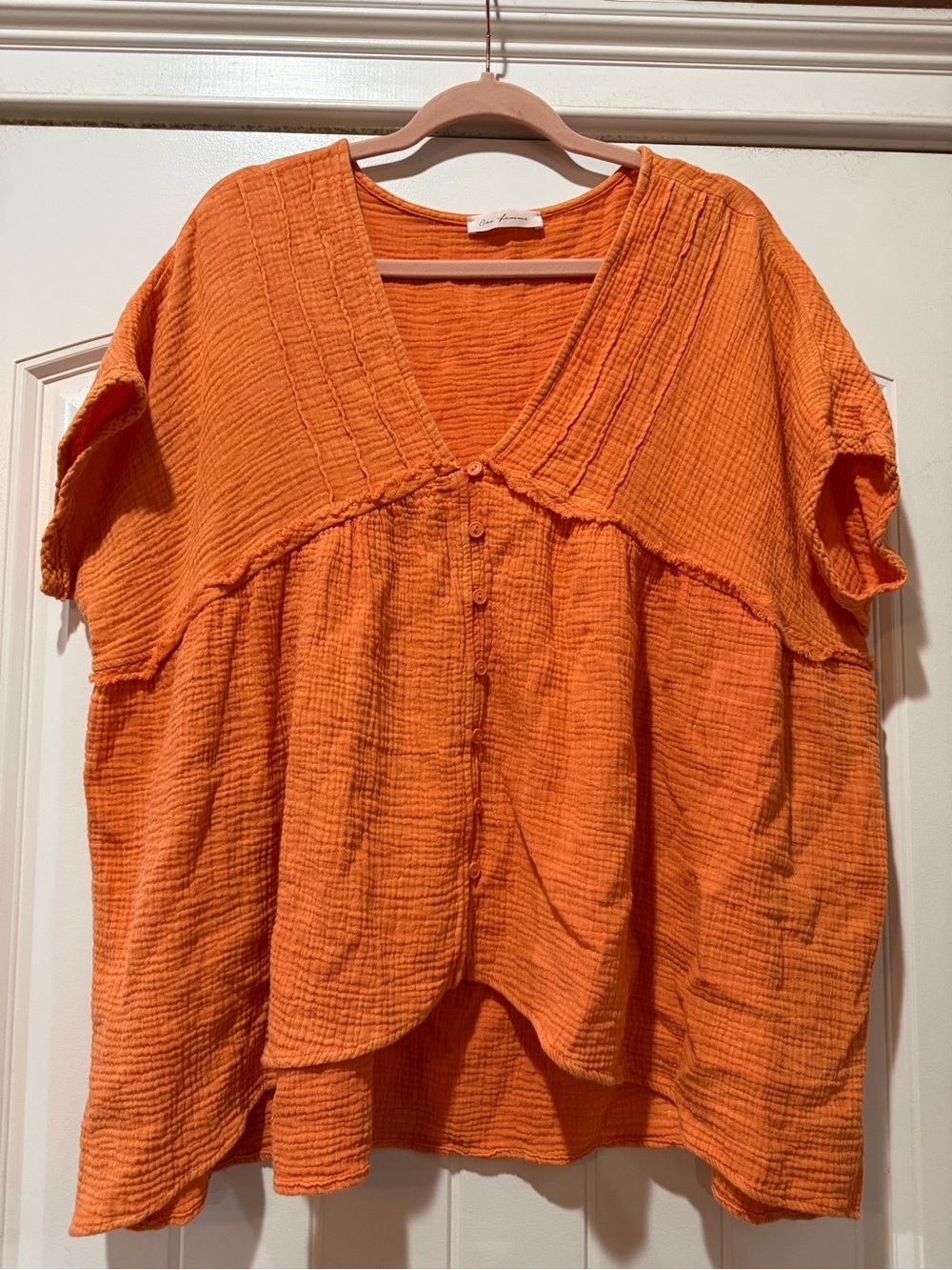Ces Femme Bright Orange Gauze V-Neck Button Front Top